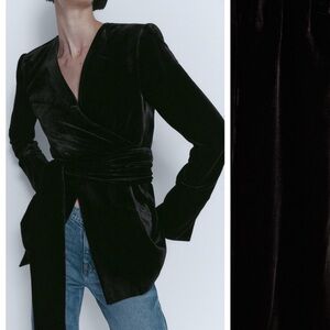 NWT. Massimo Dutti Black Velvet Wrap-Style Blazer with Tie Detail. Size 38